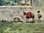 Original watercolor on paper depicting a rural village scene with a figure standing beside a donkey draped in red, baskets...