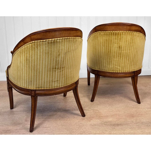 Vintage Neoclassical Gold Stripped Mahogany Barrel Club Chairs - A Pair For Sale - Image 4 of 11
