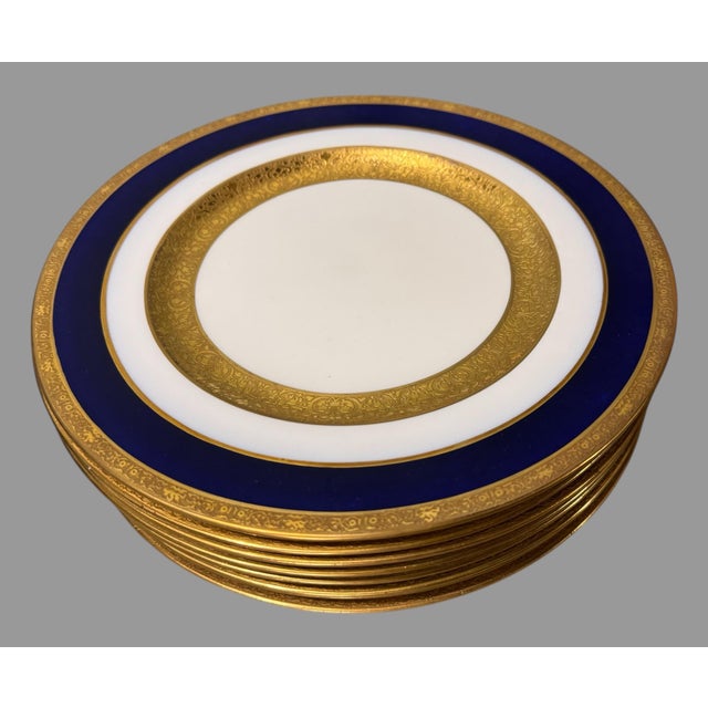 Mid 20th Century Set of 8 Vintage Crescent England Cobalt Blue & Gold Decorated 10" Dinner Plates For Sale - Image 5 of 6