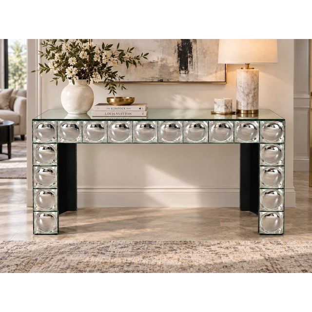 Console Table with Mirrored Glass Tiles and Curved Silver Finish Entryway Table, 1980s For Sale - Image 9 of 10