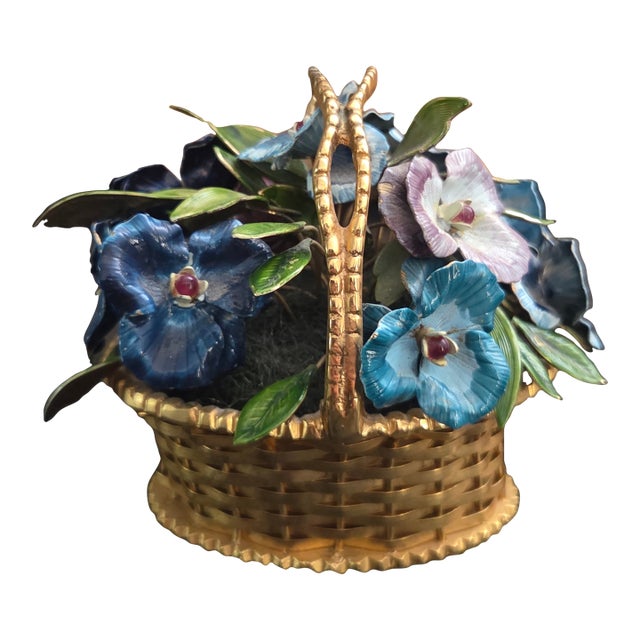1970s Fleurs Des Siecles Pansy Floral Arrangment Basket by Jane Hutcheson for Gorham For Sale