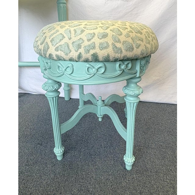 Vintage Vanity With Coordinating Stool Painted in an Ethereal Blue With New Upholstery For Sale - Image 10 of 18