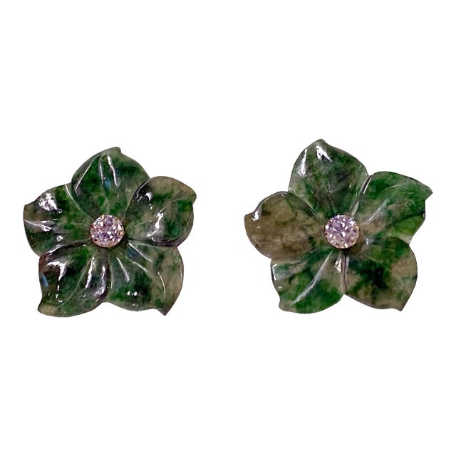 Pair Dark Green Jade Stone Flower Petal Shape Earrings Display Art For Sale