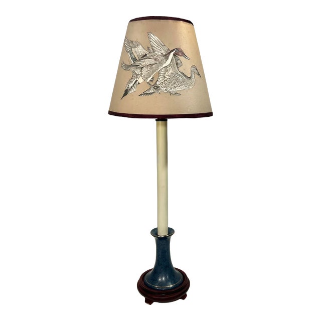 Vintage Candlestick Table Lamp With Handmade Shade With American Pintail Ducks For Sale