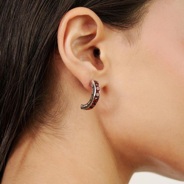 Pave Set Garnet Huggie Earrings in 925 Sterling Silver- 2 Pieces For Sale - Image 4 of 10