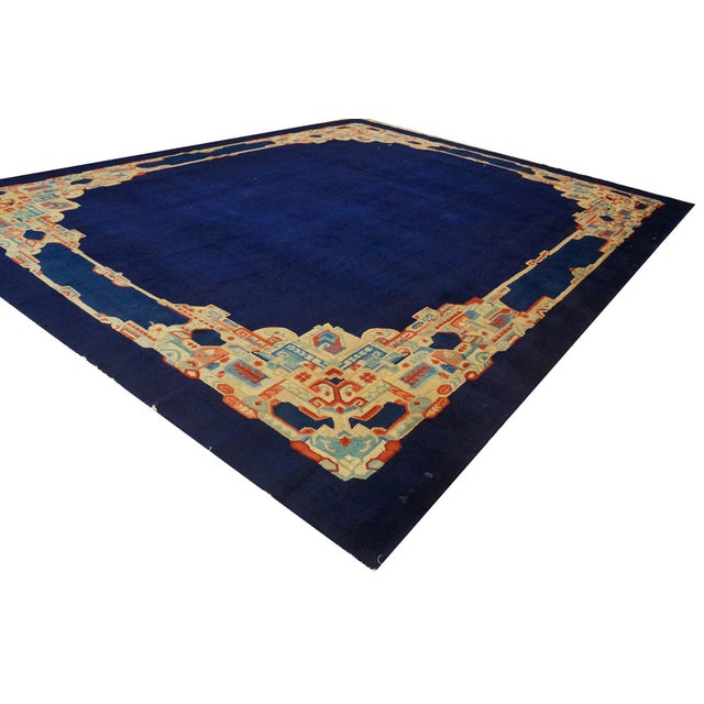 1920s Unique Blue Multicolor Antique Chinese Peking Carpet 12' X 14'9" Wool Rug For Sale - Image 4 of 9