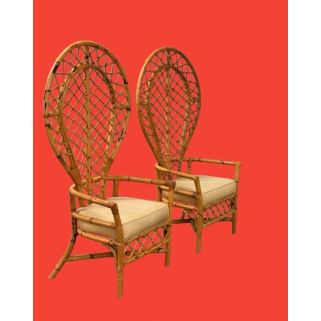 Wood 1970s Monumental Pair of Balloon Back Bamboo & Rattan Lounge Chairs For Sale - Image 7 of 12