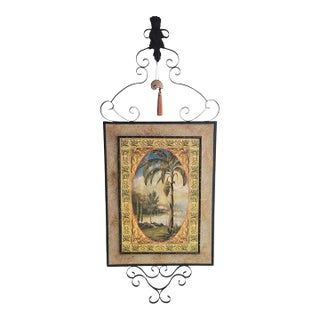 1990s ​Oversized John-Richard Palm & Scenery Medallion Wall Art With Wrought Iron & Shell Finial For Sale