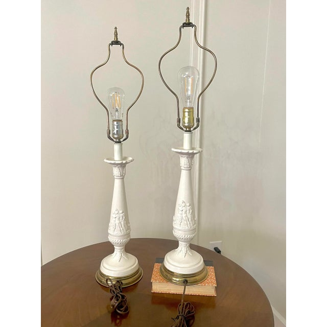 1960s A Pair of Neoclassical Revival Porcelain, Ceramic & Bras Table Lamps For Sale - Image 5 of 12