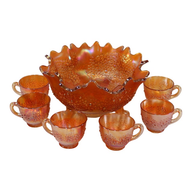 Early 20th Century Fenton Marigold Carnival Glass "Orange Tree" Footed Master Fruit Bowl & Cup Set - 7 Pieces For Sale