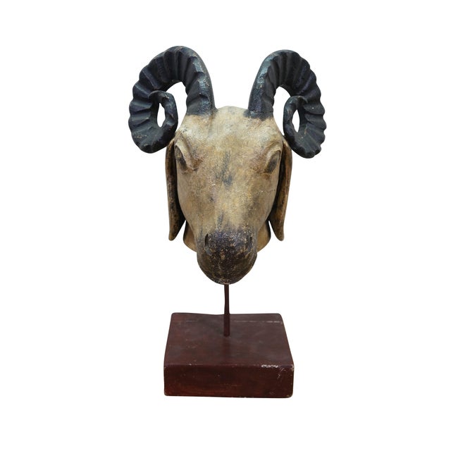 Rustic Vintage Indo Persian Carved Wood Ram Head Bust Sculpture on Stand 18" For Sale - Image 3 of 16