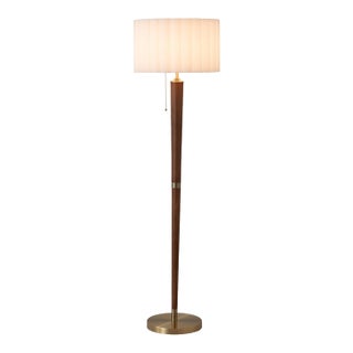 Scalloped Floor Lamp - Walnut, Weathered Brass, White Linen, on/Off Pull Chain For Sale