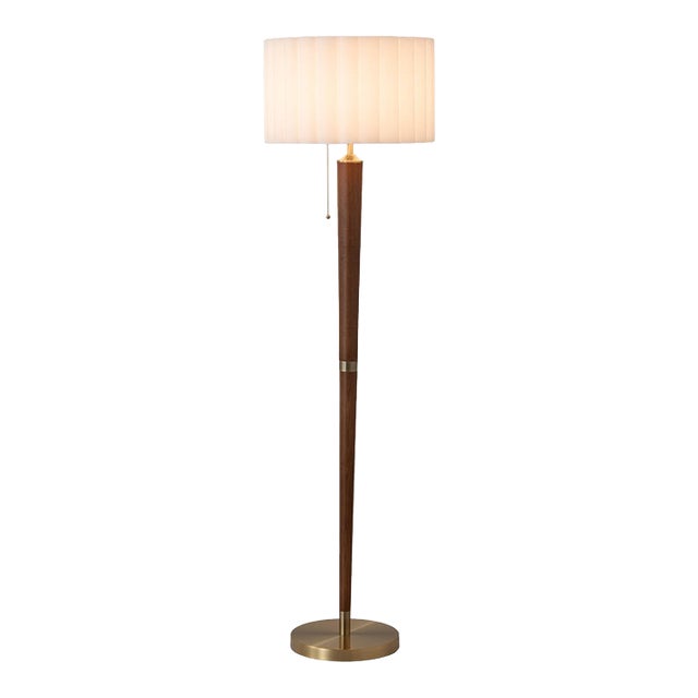 Scalloped Floor Lamp - Walnut, Weathered Brass, White Linen, on/Off Pull Chain For Sale