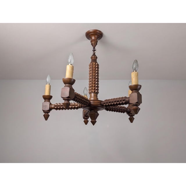 French Brutalist Carved Wood Chandelier by Charles Dudouyt, 1940s For Sale - Image 6 of 15