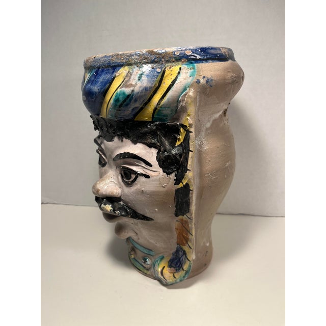 Italian Circa 1950s Sicilian Majolica Moor Head Hand Made Ceramic Vase 10.5"h For Sale - Image 3 of 11
