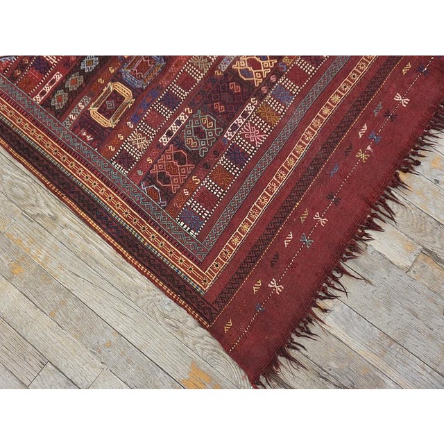 Fantastic Claret Ground Color Distinctive Figures Geometric Design Caucasian Silk & Wool Verneh Flat-Weave Rug For Sale - Image 14 of 14