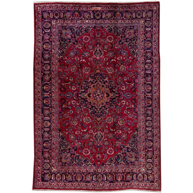 Textile 1960s Vintage Persian Mashad Handmade Red All-Over Wool Rug For Sale - Image 7 of 7