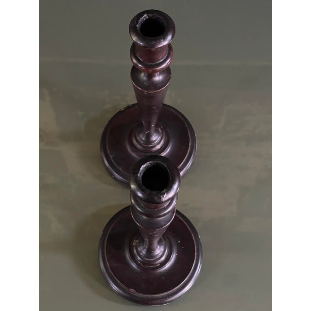 Early 20th Century Early 20th Century Pair of Dark Wooden Candlestick Holders For Sale - Image 5 of 5