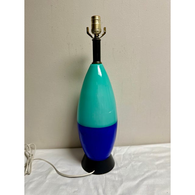 Mid-Century Two Tone Turqoise Royal Blue Color Blocked Glass Lamp For Sale - Image 9 of 9