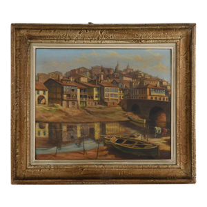 Mid 20th Century Framed Signed Vidal Couce Riverside Village Scene Oil on Canvas