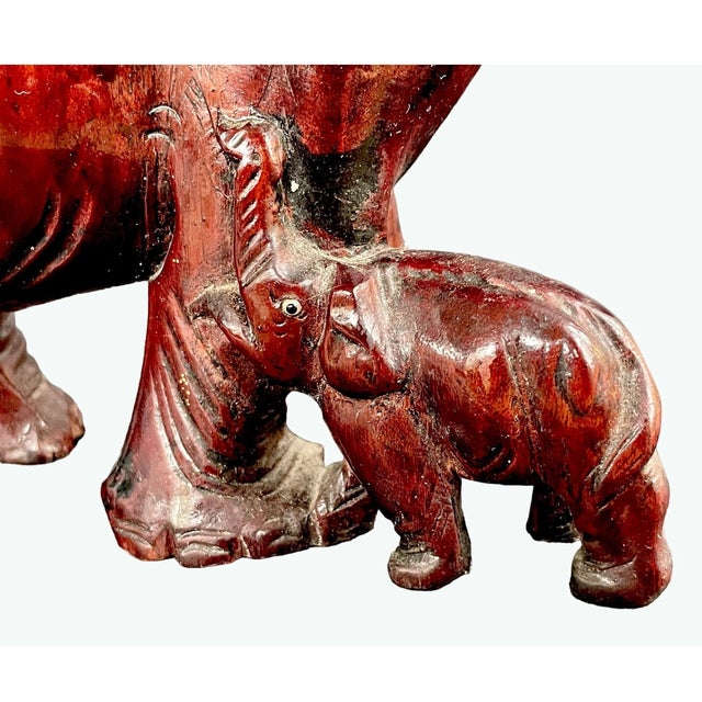 Wood Vintage Rosewood Elephant Carving – Asian Hand-Carved Figurine – Lucky Elephant With Calf & Child For Sale - Image 7 of 10