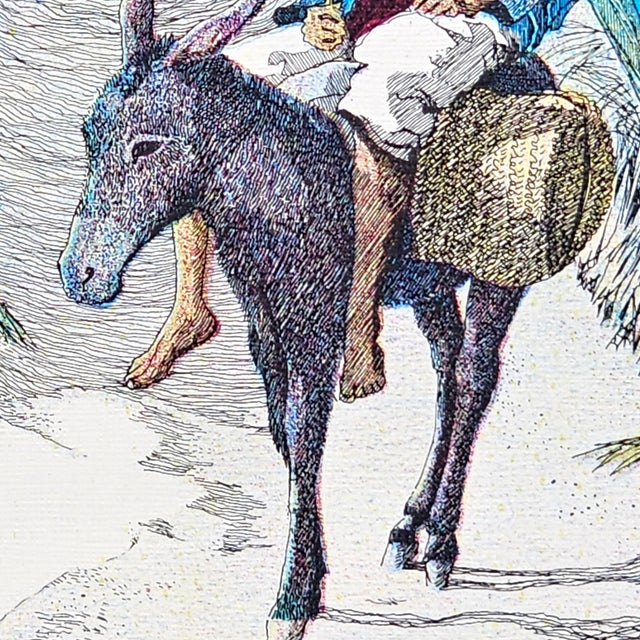 Pair of 1960s Moroccan Hand-Colored Prints Signed Kaloun | Desert Rider & Marrakesh Tower | Framed Mid-Century Global Décor For Sale - Image 4 of 10