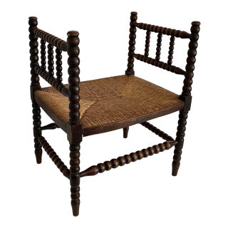Antique Dutch Bobbin Bench Chair W/ Rush Seat For Sale