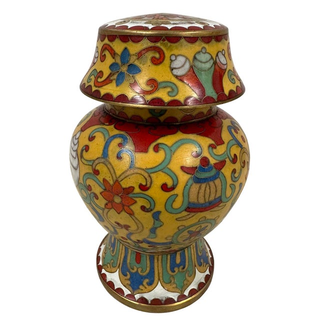 Chinese Mid 20th Century Pair of Chinese Cloisonné Lidded Ginger Jars For Sale - Image 3 of 9