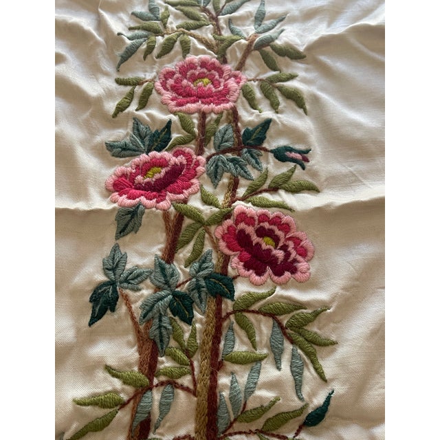 Antique textile Art crewel embroidery on silk, floral.
