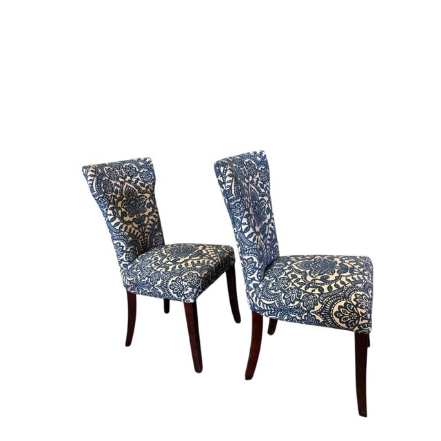 French Carmilla Pier 1 Blue Damask Armless Dining Chairs, a Pair For Sale - Image 3 of 8