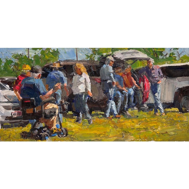 Waiting for the Train by Clyde Steadman | Oil Painting of people gathered by vehicles in a field For Sale