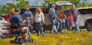 Waiting for the Train by Clyde Steadman | Oil Painting of people gathered by vehicles in a field