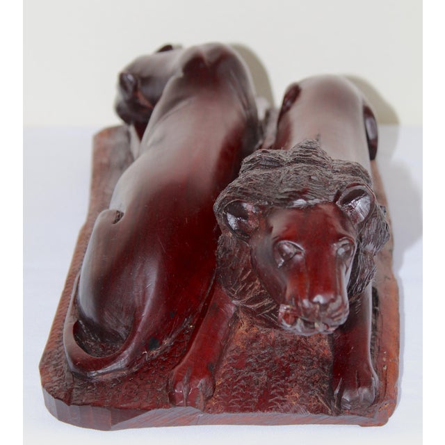 1960s Vintage Hand-Carved African Lion & Lioness Sculpture – Signed "Masaku" – African Ironwood Safari Folk Art For Sale - Image 5 of 15