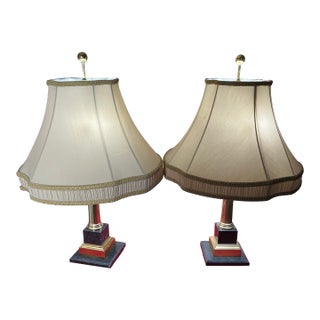 Vintage 1960's Mid-Century Brass and Marble Table Lamps With Shades - A Pair For Sale