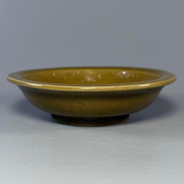 Hand-thrown Longquan celadon porcelain with a rich olive-green glaze, incised floral motifs on the interior.