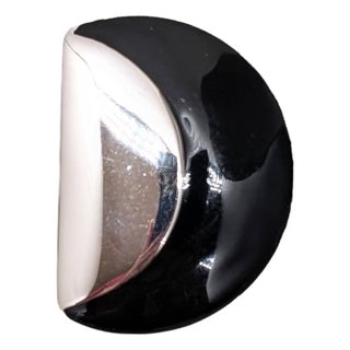 Vintage 1980s Signed Monet Rhodium Plated Black Enamel Brooch For Sale