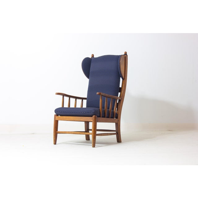 Rustic French Lounge Chair in Blue Fabric, 1960s For Sale - Image 3 of 8