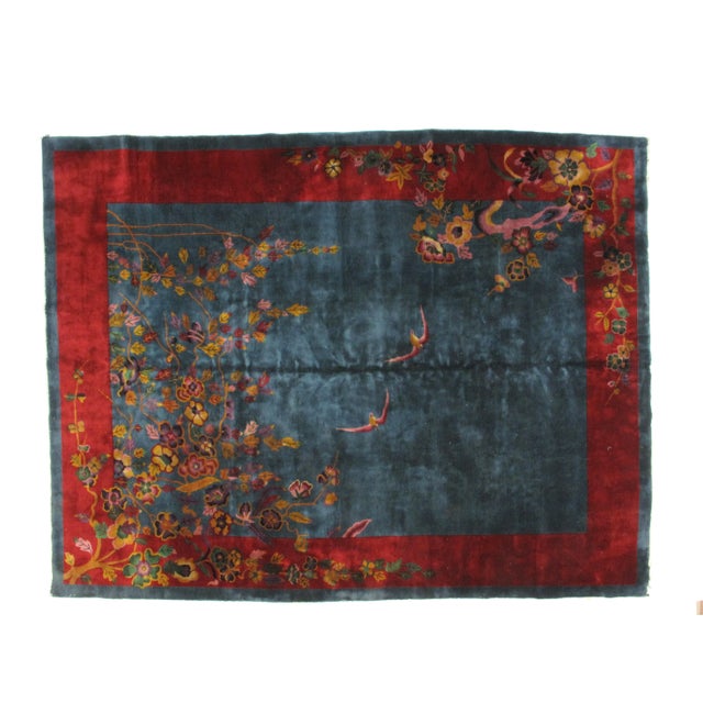 Wool pile hand made Vintage Art Deco style medium blue Chinese carpet in excellent condition. Thick pile.