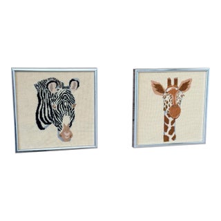Vintage Needlepoint Zebra & Giraffe Framed Wall Art – Set of Two For Sale
