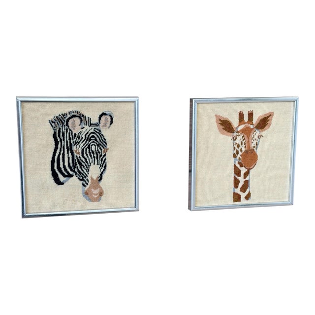 Vintage Needlepoint Zebra & Giraffe Framed Wall Art – Set of Two For Sale