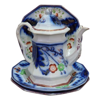 4 Antique Gaudy Welsh Ironstone Cobalt Blue Floral Teapot Pitcher & Bowls For Sale