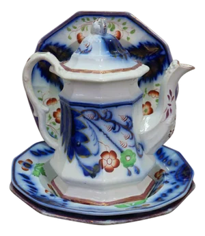 4 Antique Gaudy Welsh Ironstone Cobalt Blue Floral Teapot Pitcher & Bowls