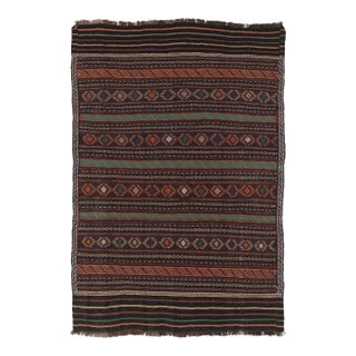 Vintage Persian Soumak Kilim, Brown With Polychromatic Geometric Bands - Rug & Kilim For Sale
