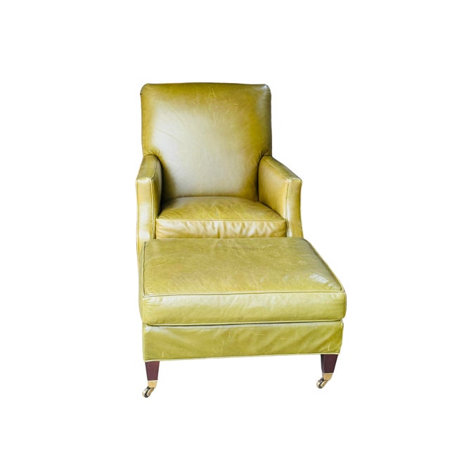 Vintage Cr Laine Olive Green Leather Lounge Chair & Ottoman | George Smith Style For Sale - Image 6 of 18
