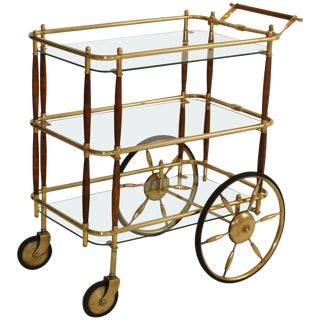 1950s Brass and Walnut Three-Tier Italian Bar Cart For Sale