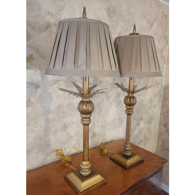 Serge Roche Vintage Gold Gilt Hollywood Regency Palm Frond Pleated Shades Table Lamps- A Pair For Sale - Image 4 of 8