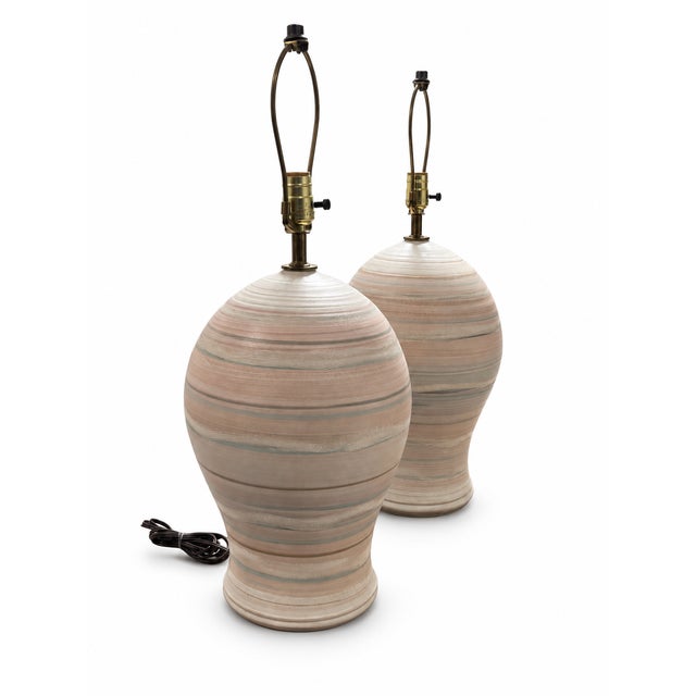 Late 20th Century Postmodern Pastel Striped Ceramic Table Lamps – A Pair For Sale - Image 4 of 8