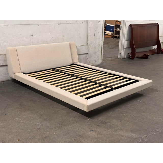 2010s Queen Size Modern Floating Linen-Wrapped Platform Bed Frame For Sale - Image 5 of 12