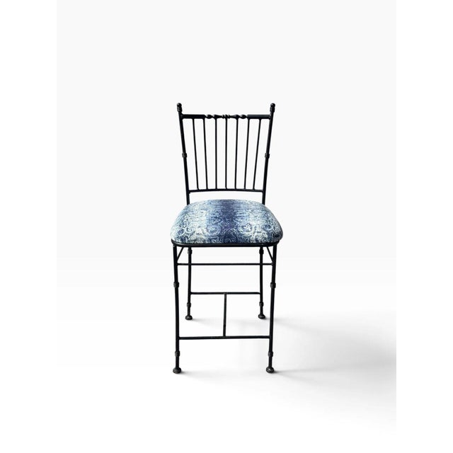 Hollywood Regency Faux Bamboo Wrought Iron Counter Stool | Spindle Back & Blue Damask Seat | Sold Individually, 5 Available For Sale - Image 3 of 12