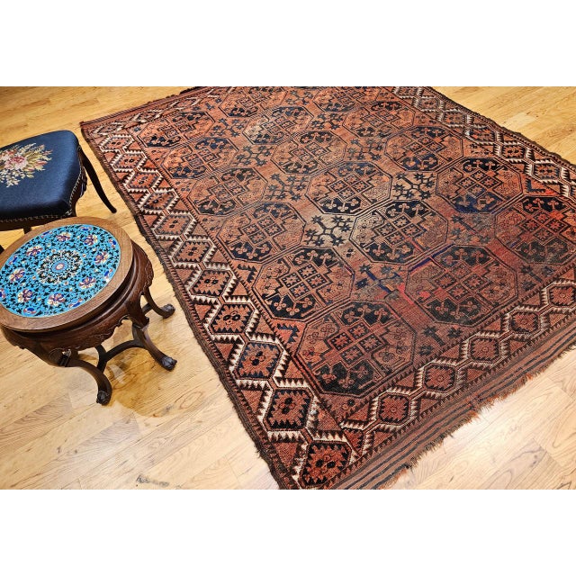 Early 20th Century Vintage Turkmen Ersari in Allover Geometric Pattern in Red, Blue, Navy For Sale - Image 5 of 16